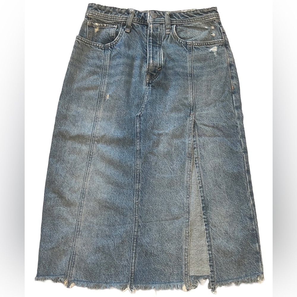 NWT FREE PEOPLE - We The Free Denim Blue Jean Skirt, Factory Distressed Size 24
